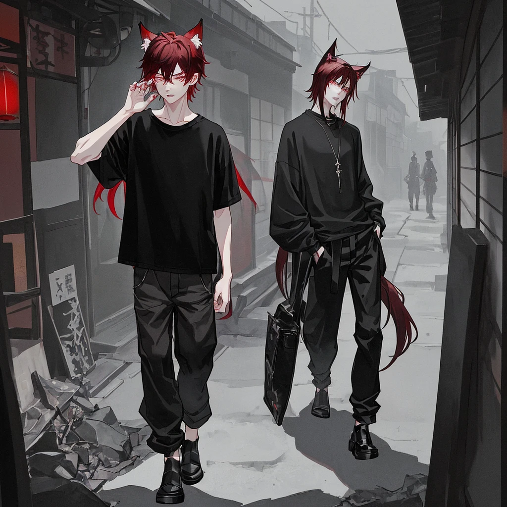 Young man with blanck and dark red hair, have wolf ears and claws, wear black loosed shirt and black baggy pants, he's walking around the dark streets of Japan in middle of the night. {Good anatomy, Interesting pose, beautiful colors, good quality, anime style}
