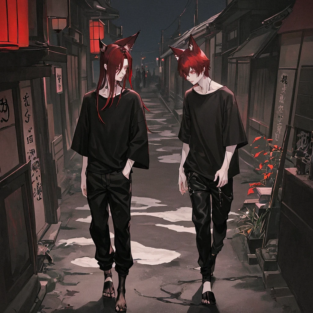 Young man with blanck and dark red hair, have wolf ears and claws, wear black loosed shirt and black baggy pants, he's walking around the dark streets of Japan in middle of the night. {Good anatomy, Interesting pose, beautiful colors, good quality, anime style}