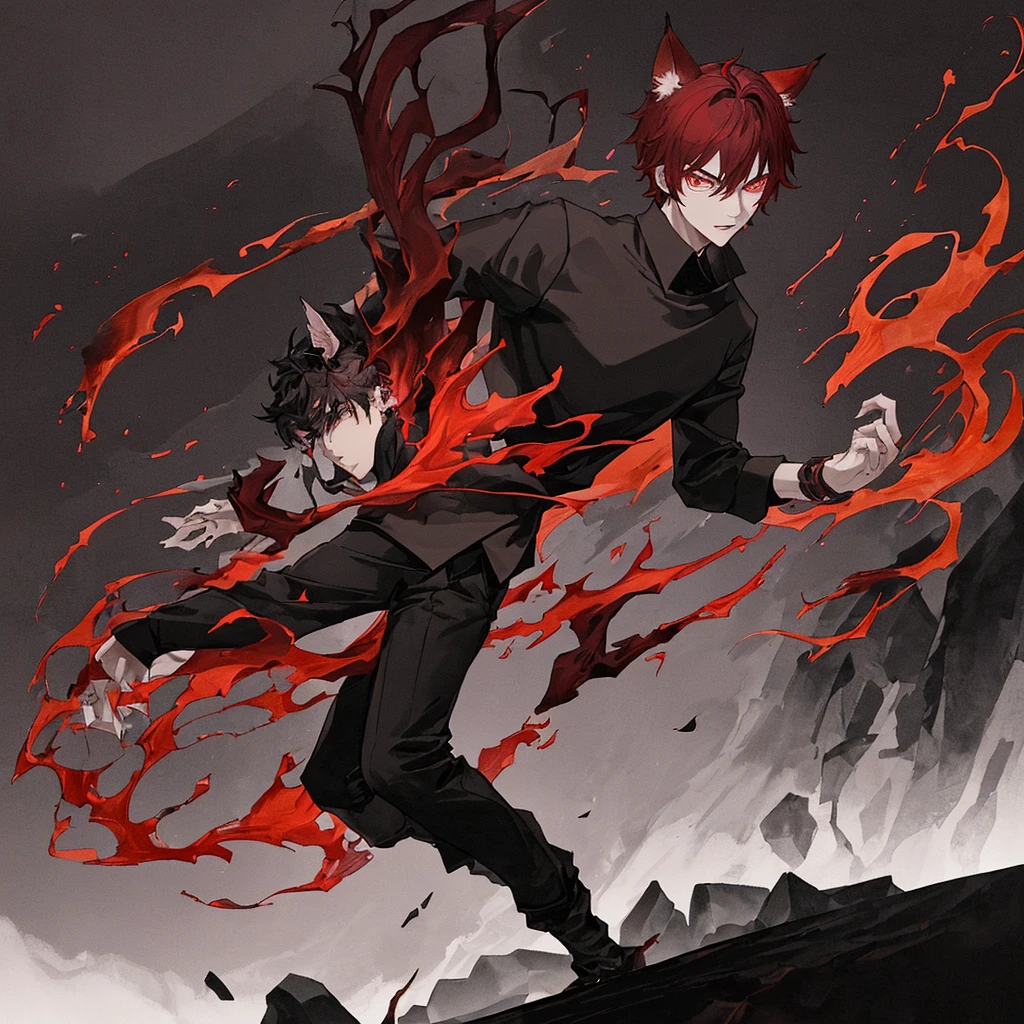 Young man with blanck and dark red hair, have wolf ears and claws, wear black loosed shirt and black baggy pants, he's walking around the dark streets of Japan in middle of the night. {Good anatomy, Interesting pose, beautiful colors, good quality, anime style}