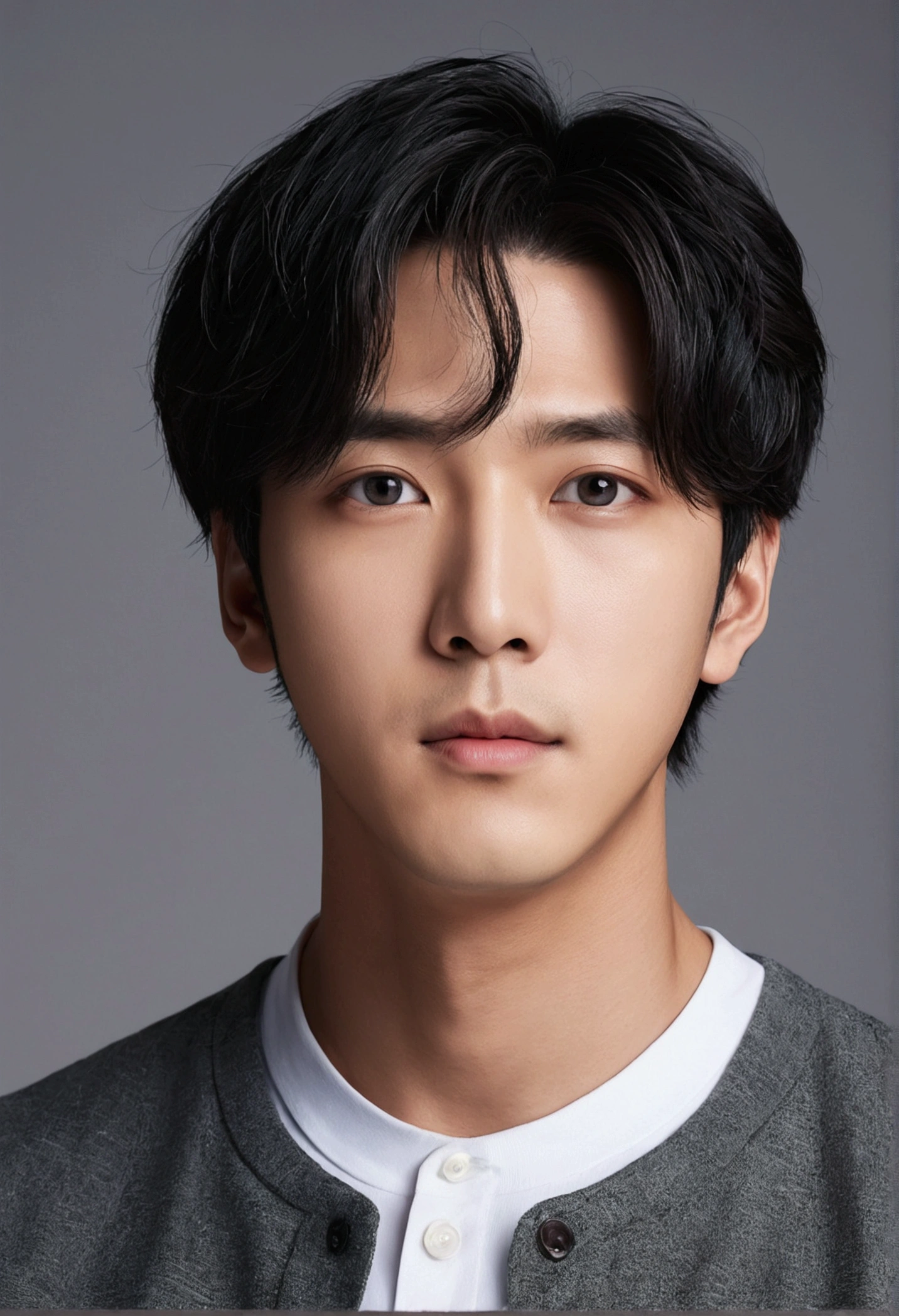 1boy, black hair, short hair, grey eyes, detailed eyes,solo focus, simple background, male focus, solo, standing, sung jinwoo, portrait,, (masterpiece:1.0), (best quality:1.0), (8k wallpaper:1.0), (beautiful detailed face:1.0), (detailed deep eyes),  deep eyes,looking at viewer,