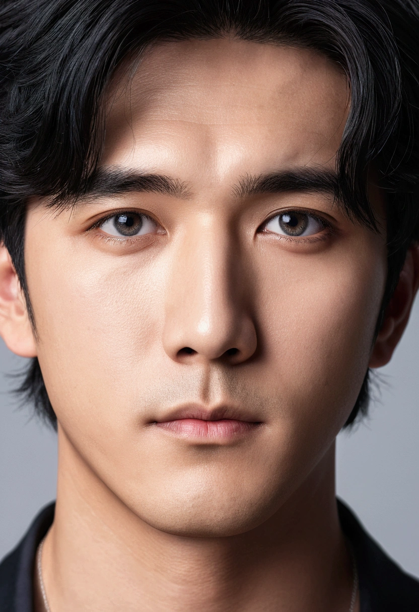 1boy, black hair, short hair, grey eyes, detailed eyes,solo focus, simple background, male focus, solo, standing, sung jinwoo, portrait,, (masterpiece:1.0), (best quality:1.0), (8k wallpaper:1.0), (beautiful detailed face:1.0), (detailed deep eyes), deep eyes,looking at viewer,