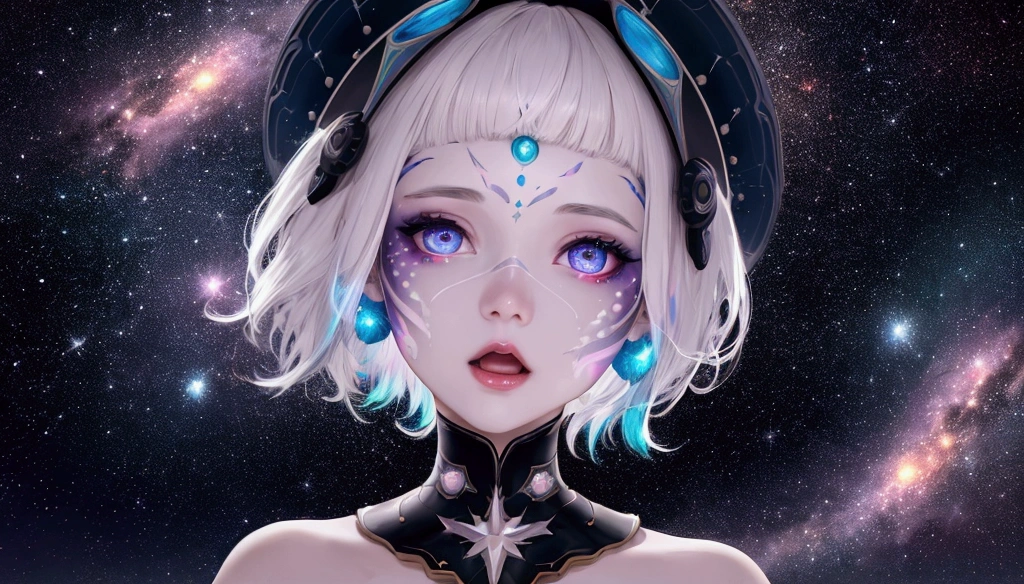 girl with short white hair,bangs covering forehead,multicolored face paint,open mouth revealing galaxy,space background,highly detailed,8k,ultra realistic,award winning digital art,dramatic lighting,cinematic composition,mesmerizing,ethereal,whimsical,dreamlike,vibrant colors,dramatic contrast,stunning atmosphere,intricate details