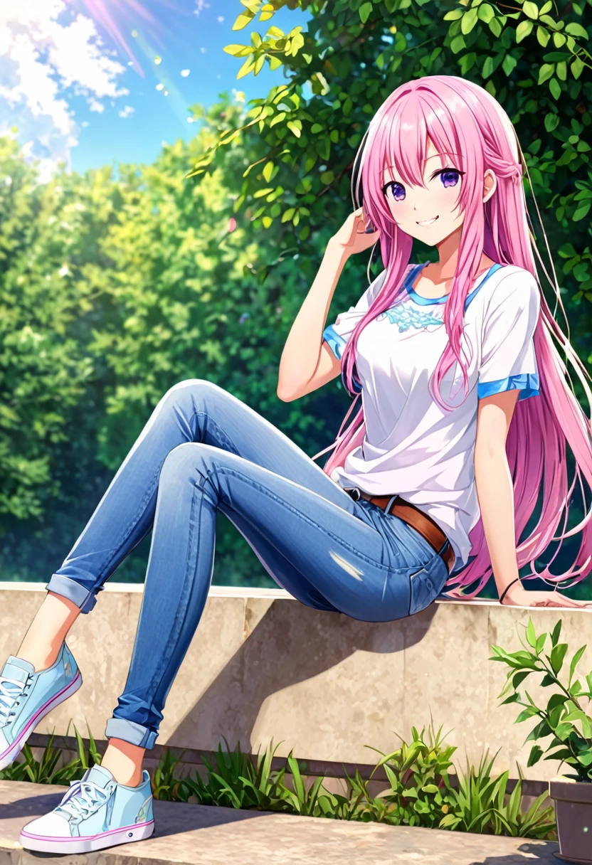 Megurine Luka smile casual clothes jeans colorful morning peace