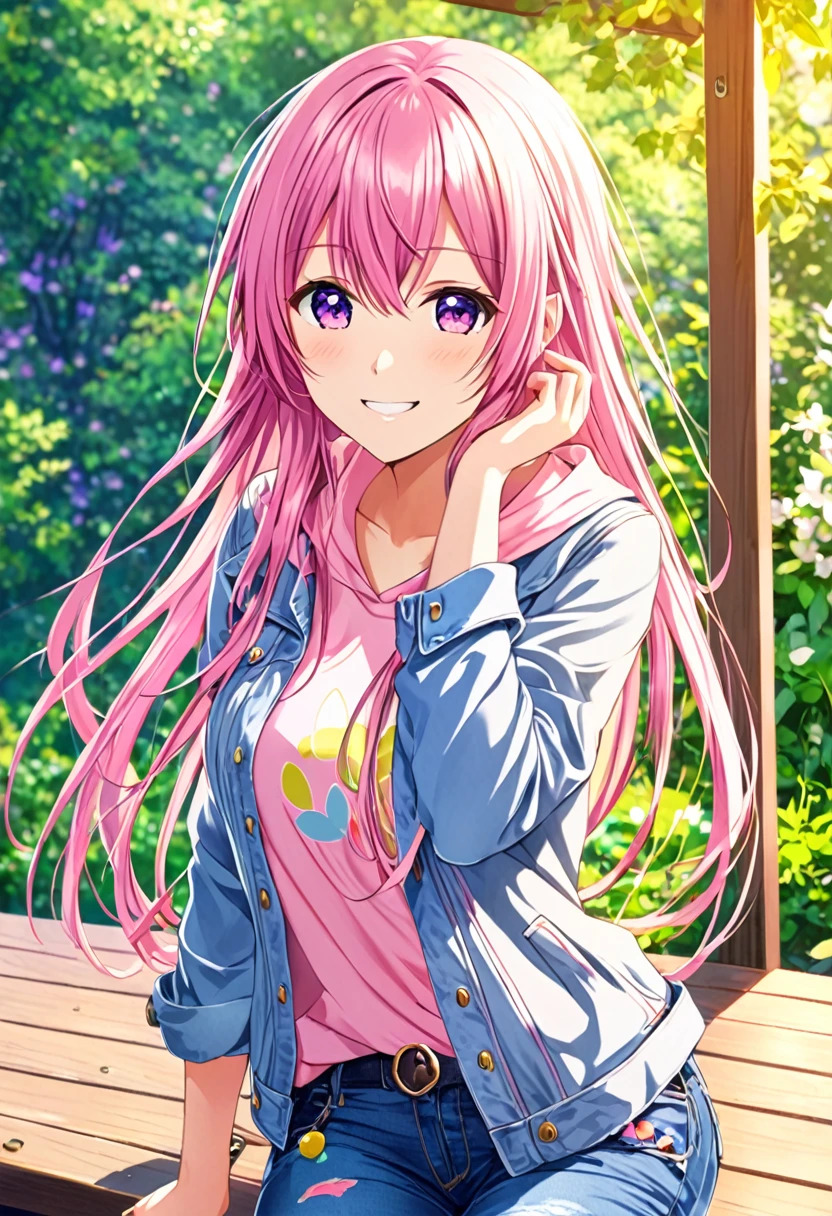 Megurine Luka smile casual clothes jeans colorful morning peace
