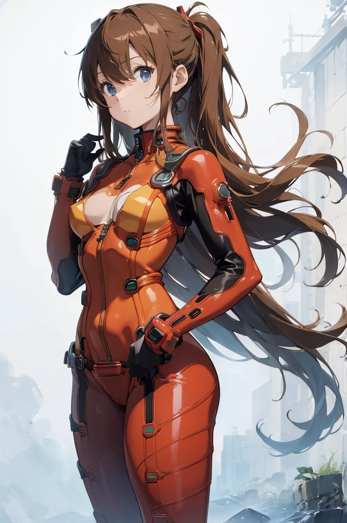 ((masterpiece,best quality, detailed)), against wall, souryuu asuka langley, test plugsuit,front zipper, unzipped:1.5、へそ),full body,