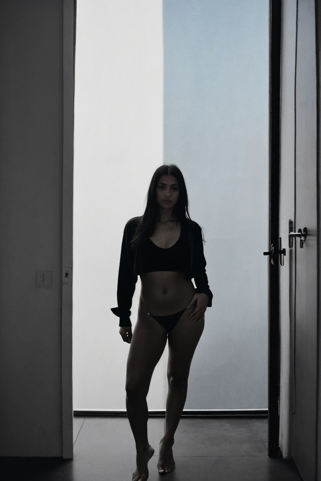 RAW photo,dark,moody,hazy atmosphere,35mm focal lenght,underexposed,cold,candid photograph,artistic,full body,photo of a beautiful,influencer,30yo Kurdish woman,detailed skin,fully naked,looking at viewer, mom bod,candid pose,dim room,blue light, film grain, kodak color, instagram LUT