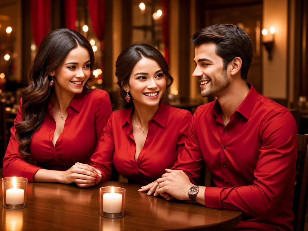 A couple in a candlelit restaurant, with the table decorated in shades of red. The man, wearing a red shirt, looks passionately at the woman, who wears an elegant red dress. Their faces are close, with radiant smiles and expressions of love and happiness.