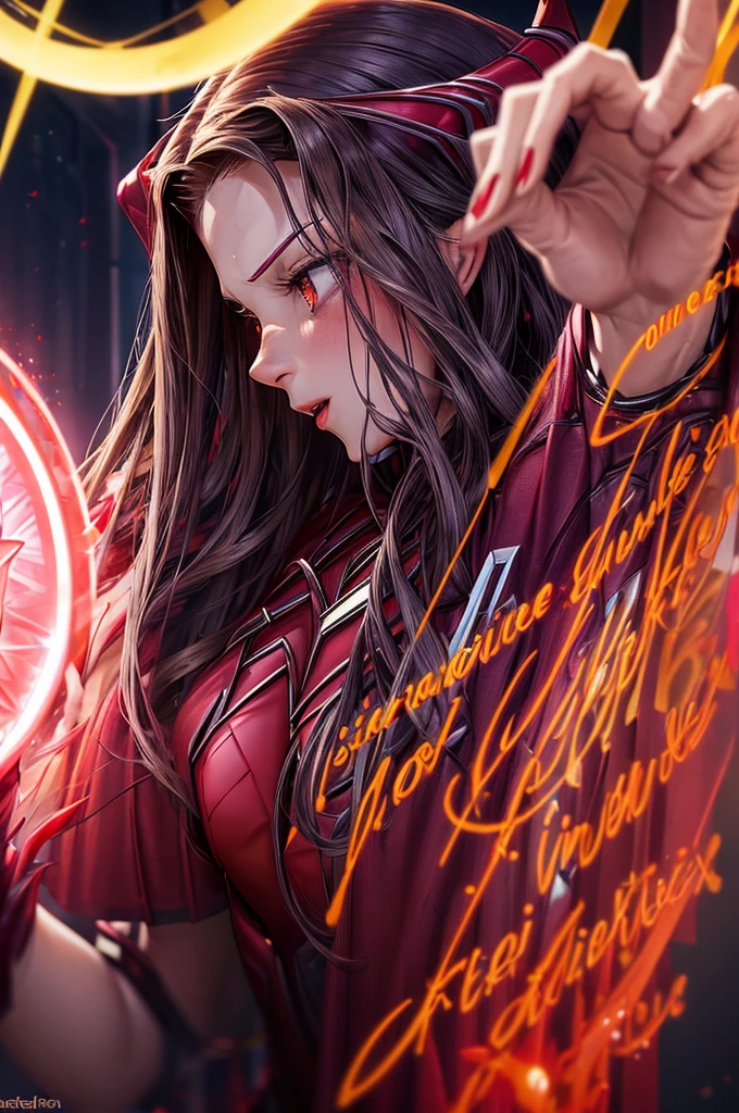 8K, dark_fantasy, (Scarlet Witch, yellow: 1.5), angel face, 1 person, Standing complete picture, Mechanical wonder, exist