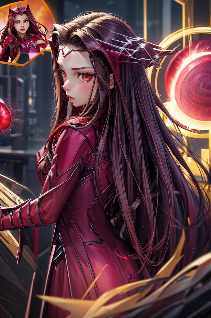 8K, dark_fantasy, (Scarlet Witch, yellow: 1.5), angel face, 1 person, Standing complete picture, Mechanical wonder, exist