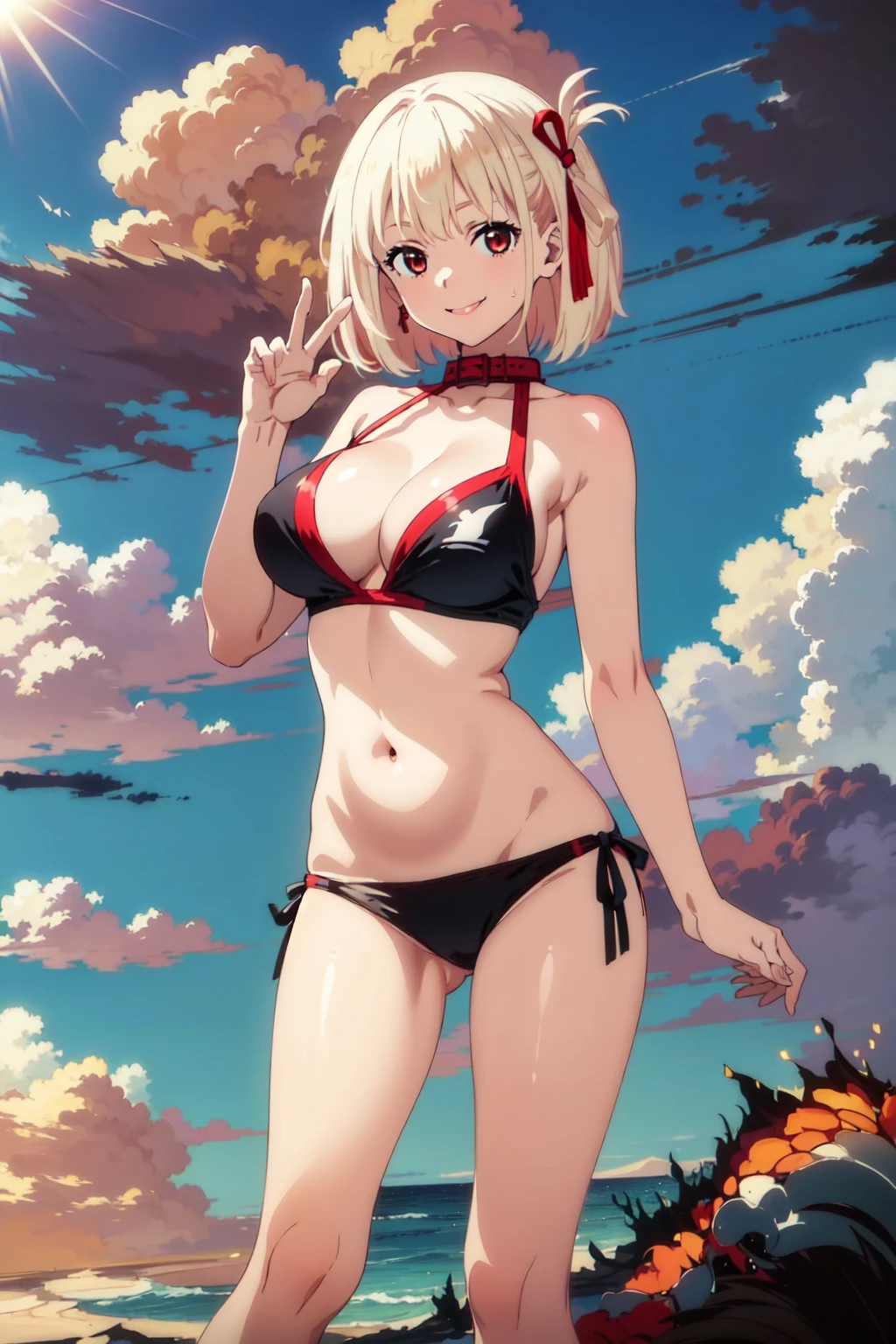 (masterpiece, best quality:1.4),(1girl:1.3),(solo:1.3),(seductive_smile:1.2),looking at viewer,chwo,ribbon,hair ribbon,red ribbon, Smiling, looking at the viewer, blue theme, blue background, cloudy sky, sunlight, sweat, orgasmic, bikini swimsuit, large breasts, cleavage, belly button exposed, collarbone, thighs, sea, head, Wave, splashe,