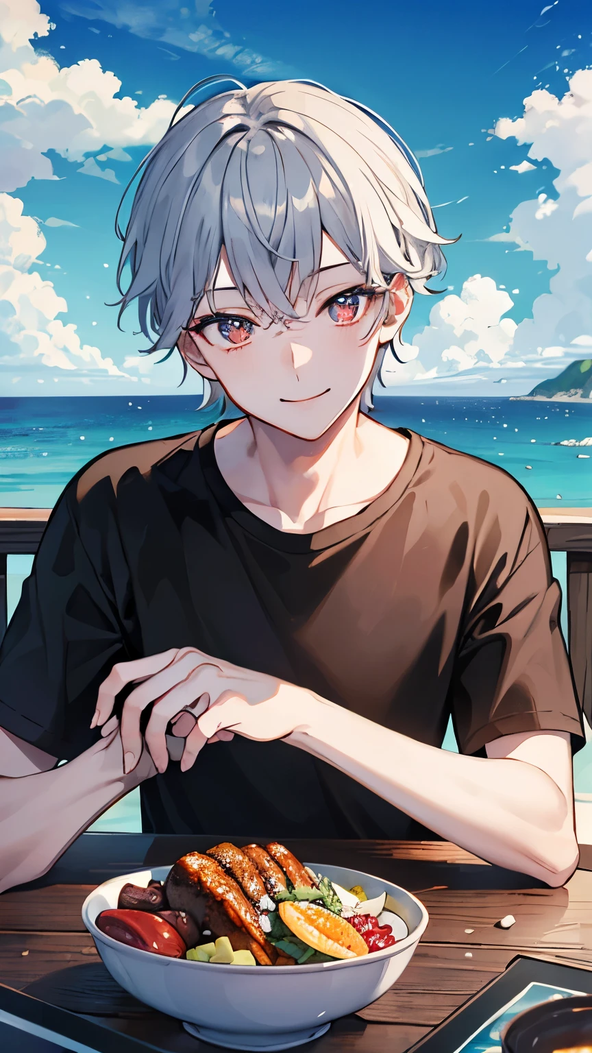 ((masterpiece)), (((best quality))), chromatic lighting,
colorized, white + black limited color palette, 
detailed concept drawing,
on the beach, Shibuya street fashion, no weird object on his face,
portrait, 25yo 1guy, slender, topless, short white hair, black eyes, smiling