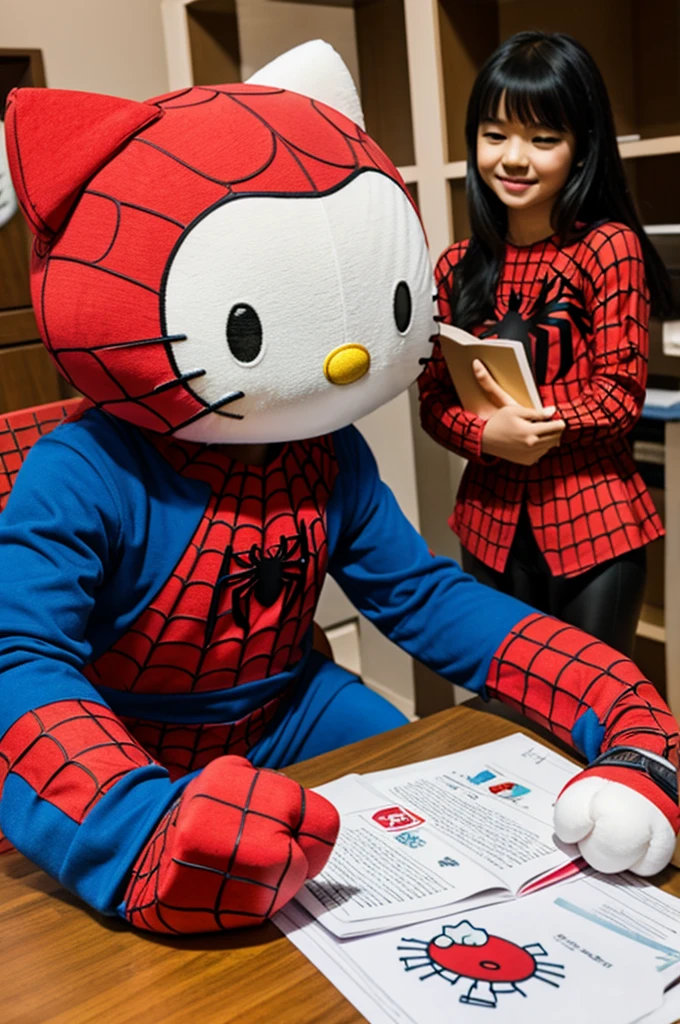 Hello kitty and spiderman doing homework