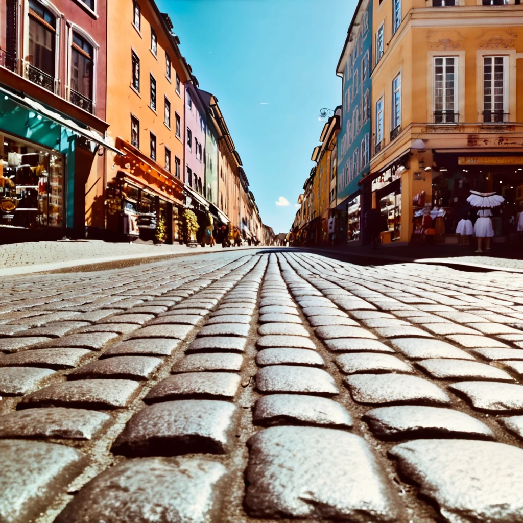 A charming cobblestone street, colorful buildings, lively market
scene, instant camera, wide-angle lens, afternoon sun, vibrant street
photography, instant film.