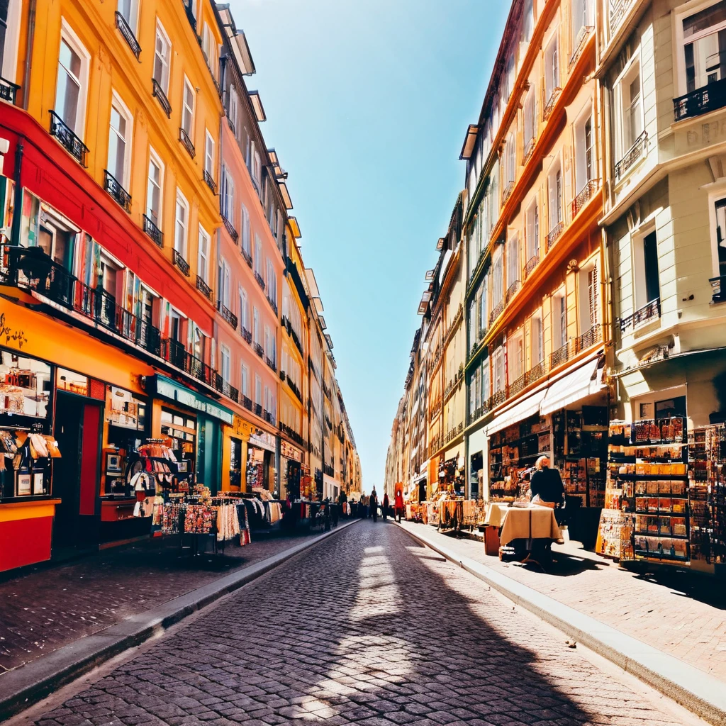A charming cobblestone street, colorful buildings, lively market
scene, instant camera, wide-angle lens, afternoon sun, vibrant street
photography, instant film.