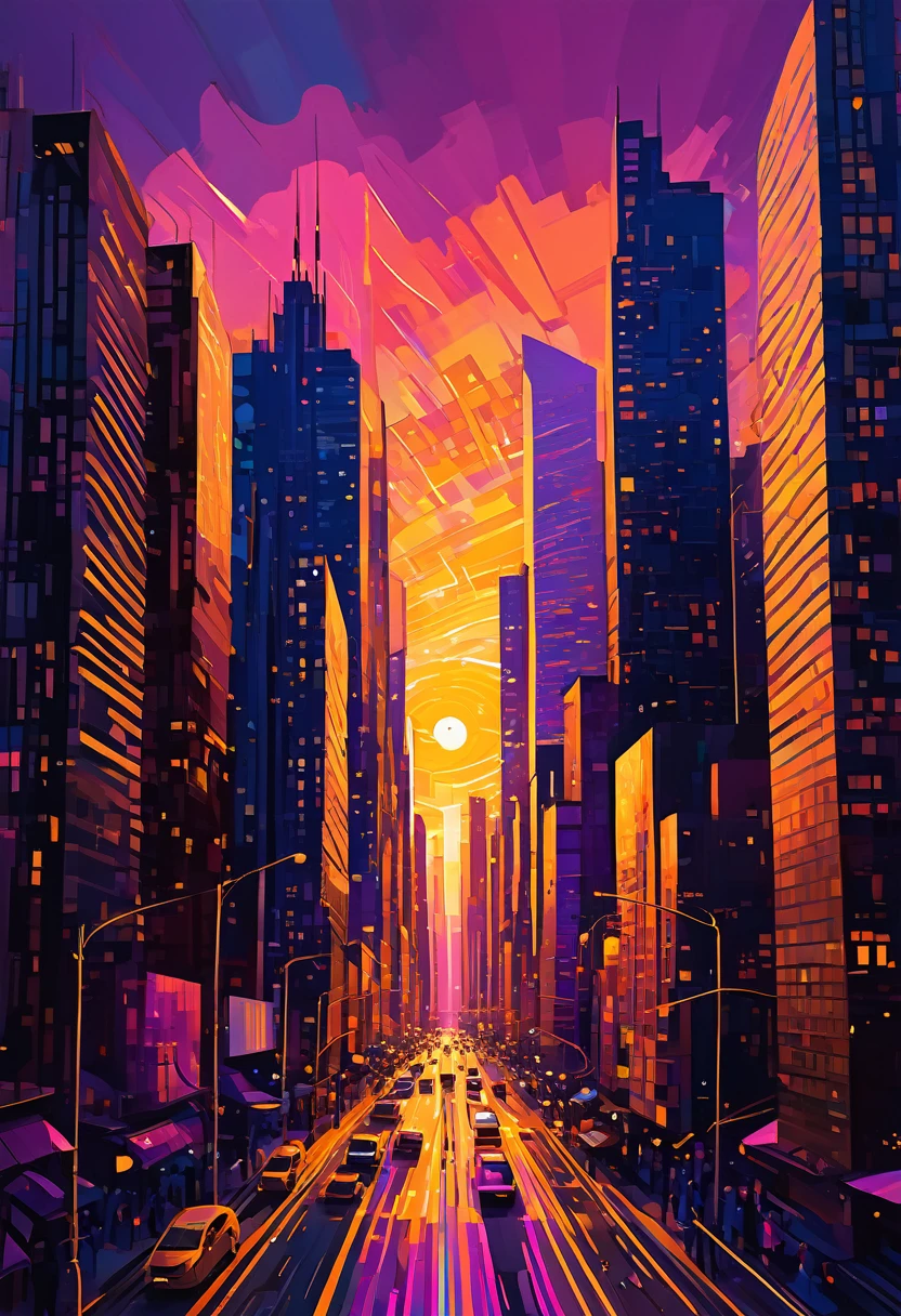 Vibrant cityscape in digital drawing mode, depicting a warm and serene sunset casting a golden glow on sleek skyscrapers and bustling streets, with bold lines and expressive brushstrokes evoking a sense of dynamic energy, set against a kaleidoscope of colors - burnt oranges, blushing pinks, and radiant yellows, with touches of deep blues and purples in the shadows, infused with a cinematic quality, as if the city is alive and pulsing with the rhythm of the fading light, mesmerizing and full of movement.