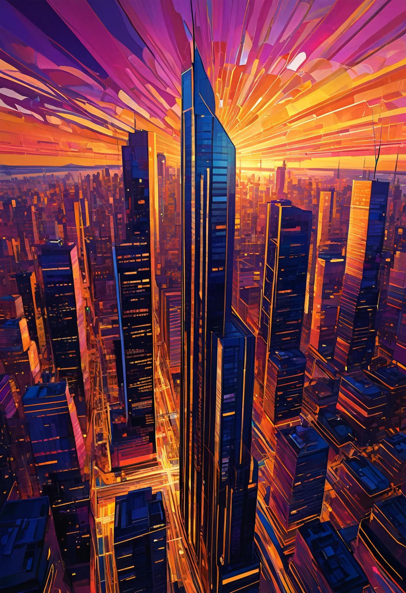 Vibrant cityscape in digital drawing mode, depicting a warm and serene sunset casting a golden glow on sleek skyscrapers and bustling streets, with bold lines and expressive brushstrokes evoking a sense of dynamic energy, set against a kaleidoscope of colors - burnt oranges, blushing pinks, and radiant yellows, with touches of deep blues and purples in the shadows, infused with a cinematic quality, as if the city is alive and pulsing with the rhythm of the fading light, mesmerizing and full of movement.