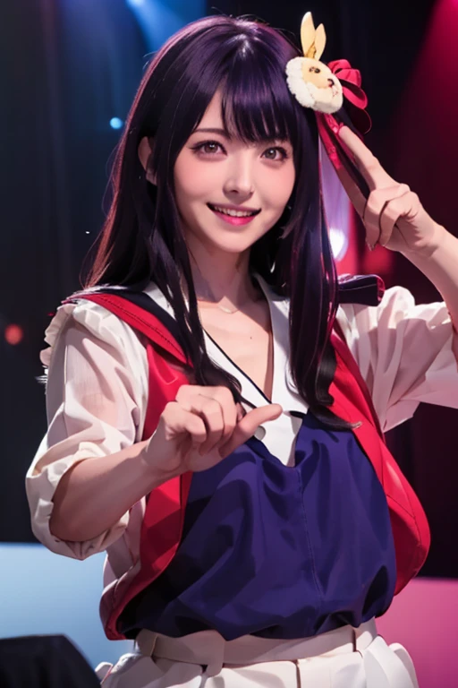 smile,(Highest quality)++,(masterpiece)++,(Super detailed)++,(High Resolution)++,(8K Portrait)++,Production art,hoshino ai, long hair, purple hair, streaked hair ,purple eyes, star-shaped pupils, hair ornament,(((Free pose、whole body)))、Idol Costumes、8K, Highest quality, High resolution, Realistic, Real person, A live stage attracting a large audience, One Girl, Young and cute Japanese idols, ((Cane)), big, Long and beautiful legs, ステージ上でsmileを浮かべながら、Mr.々Dancing vigorously in a pose, Holding a microphone, Sailor Suit Costume, Beautiful lighting