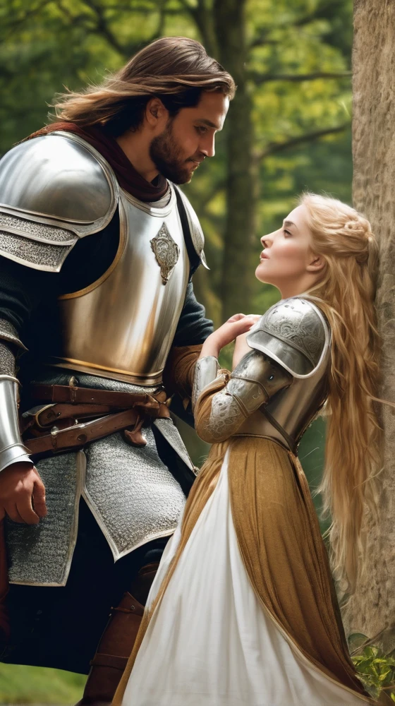Man hero in armor saving a young lady with golden hair and white dress, medieval era
