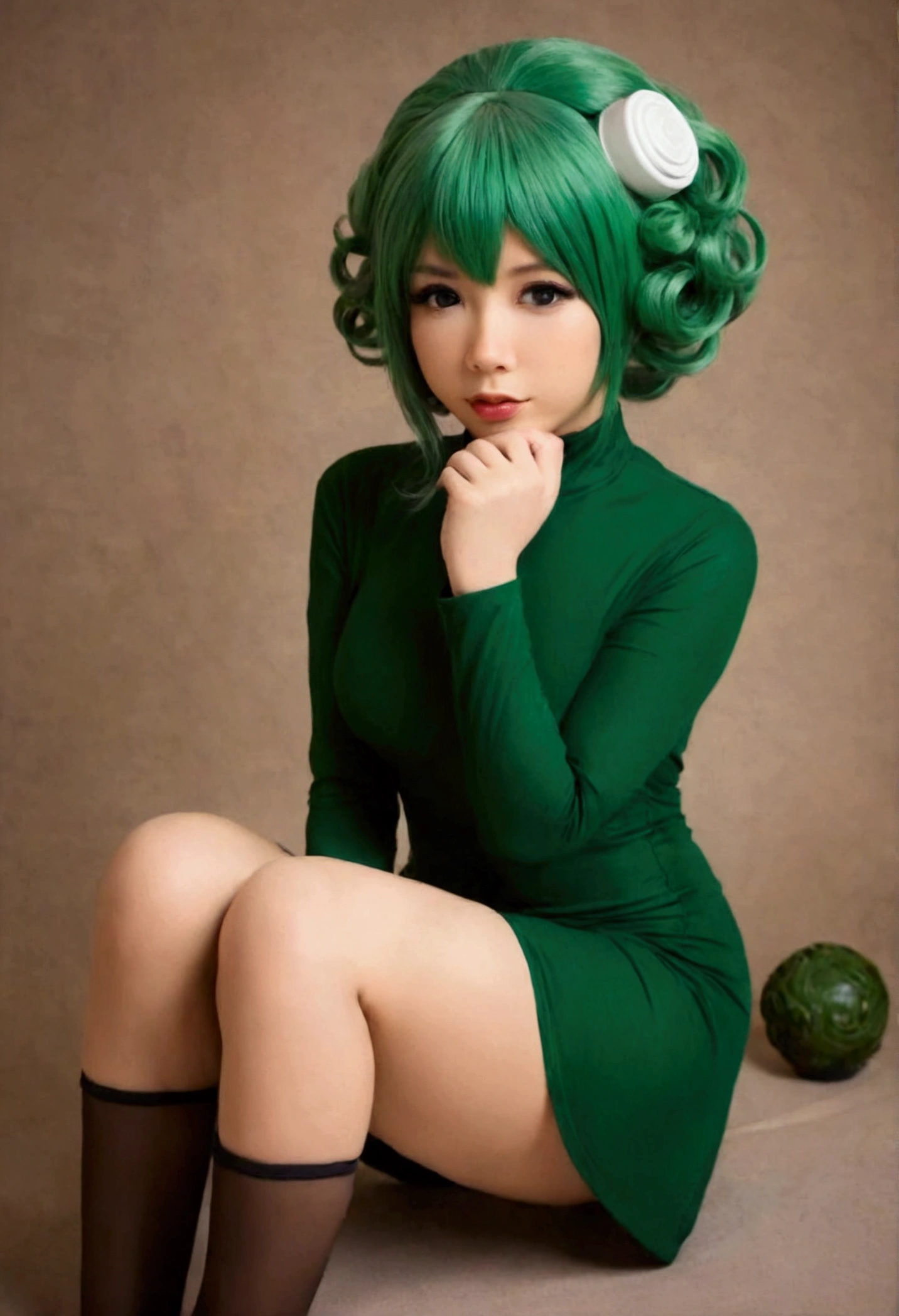 A cute woman in sexy cosplay as Tatsumaki