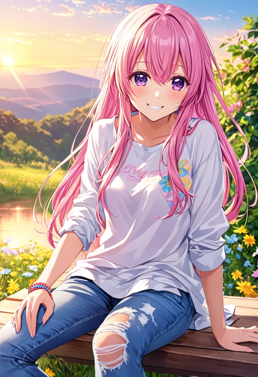 Megurine Luka smile casual clothes jeans colorful morning peace