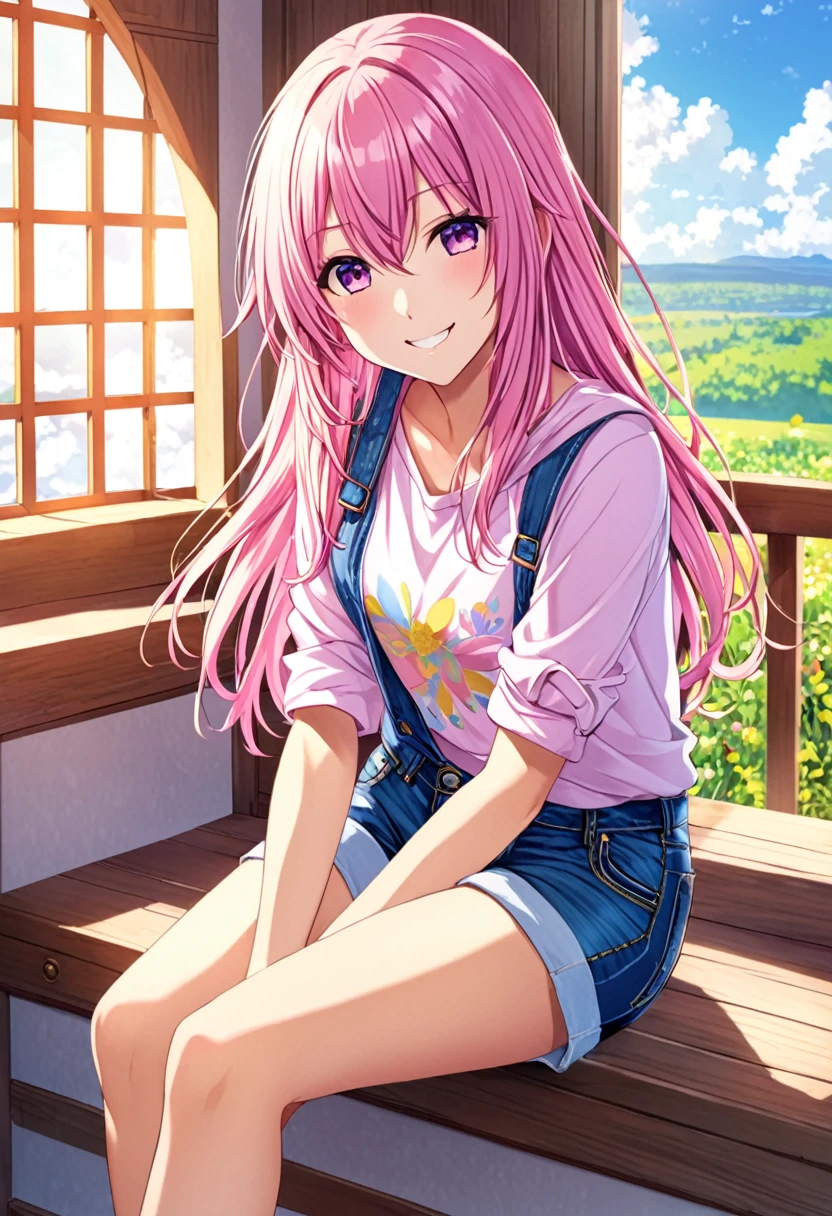 Megurine Luka smile casual clothes jeans colorful morning peace
