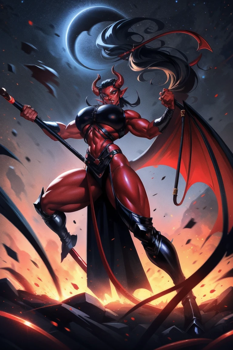 Red skin succubus tiefling, digitigrade legs, full breasts, medium breasts, black horns, wings, huge tail, black leather, crop top, long flowing pelvic curtain, tall, toned, graceful, thin, long black ponytail. Action scene, whip. Dark scene, explosions, night sky.