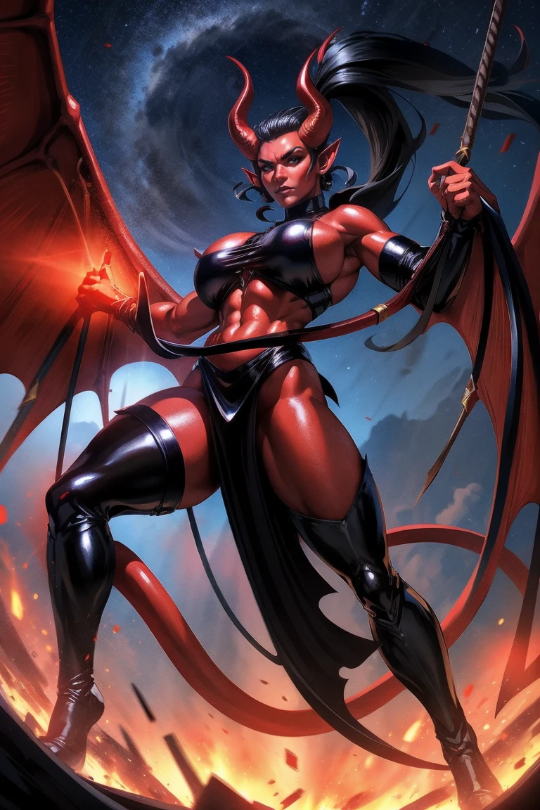 Red skin succubus tiefling, digitigrade legs, full breasts, medium breasts, black horns, wings, huge tail, black leather, crop top, long flowing pelvic curtain, tall, toned, graceful, thin, long black ponytail. Action scene, whip. Dark scene, explosions, night sky.