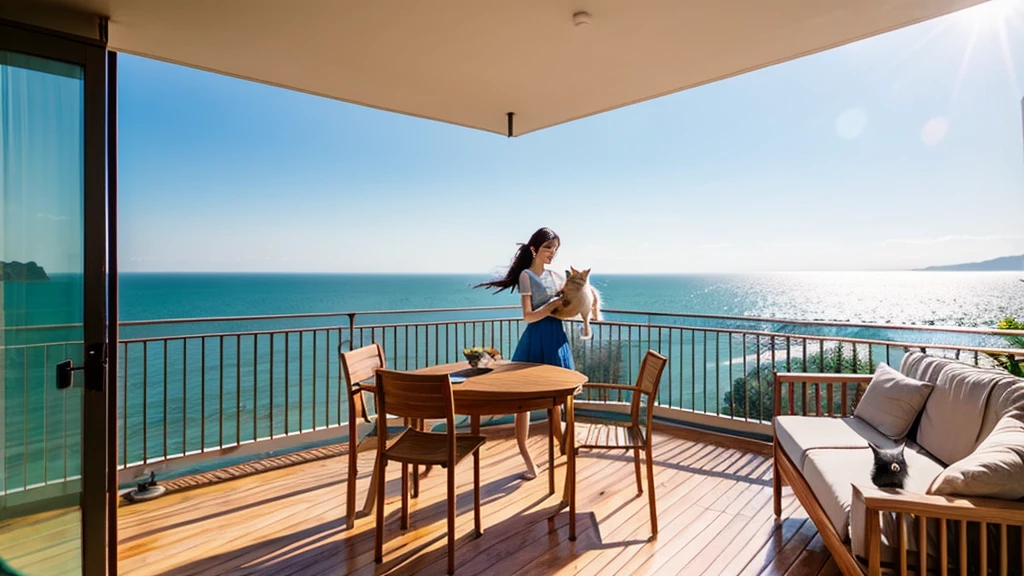 coastal、wooden、Woman holding a cat on an open balcony、A pleasant breeze blows、chairs and tables、Daytime、House with sea view、Beautiful woman、Hair blowing in the wind、