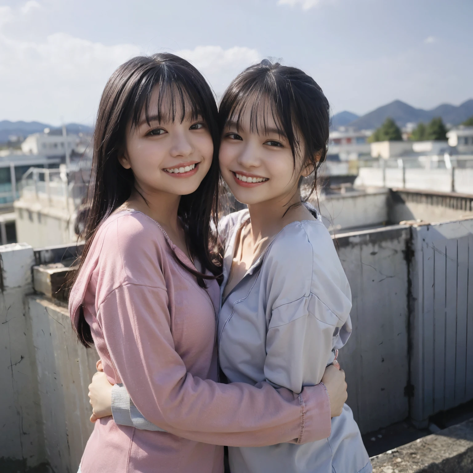 Identical twin sisters kissing、(8K, RAW Photos, Highest quality, masterpiece: 1.2), Very detailed, Super Resolution, (Realistic, Actual photo: 1.37), (photoRealistic: 1.6), Eating lunch on the School rooftop. , Nice views, Cute lunch box, School rooftop, Lunch break, Fashionable school, Future City, School of the Future, Future World, Fantastic World, New World, High resolution raw color photos, Professional photos, Very detailed and beautiful, (Point to the camera), Real Light (Spread your arms wide and turn your palms towards yourself), Please smile so that your teeth are visible, A beautiful landscape created by intermingling lights, Very elaborate sailor suit, A surprisingly cute female proofreader, Very cute smile, Very cute face, Amazing details, Red scarf, Very detailed美しい女の子, A different face, One is a ponytail, Modern and cute , Very detailed顔 Very detailed目, very Realistic skin, Very thin fingers, Very small nose, Very knowledgeable mouth, Perfect Anatomy, Very elaborate sailor suit, Very detailed背景,after school,。 Lots of smiles, Straight long hair, (Blunt bangs: 1.2), Celebrity-level cuteness, High school girl youth (Pink Eyeshadow)