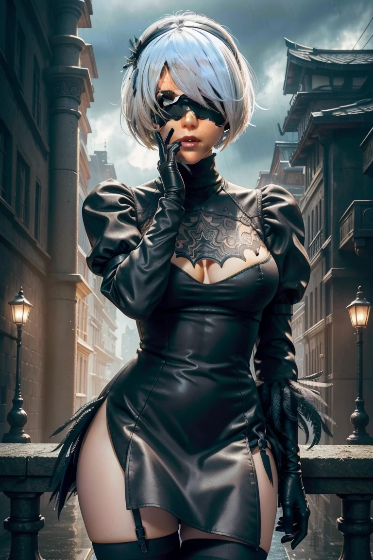 2B Nier Automata,Bobcut, Gray Hair,Long sleeve, Juliet Sleeve, White gloves, turtleneck, bangs, Feather ornament, Feather ornament sleeves, Blindfold, Black Goth Dress,Japanese Ultra HD,super high quality,masterpiece,Digital SLR,Photorealistic,Detailed details,Vivid details,Depicted in detail,A detailed face,Detailed details,Super Detail,Realistic skin texture,Anatomical basis,Perfect Anatomy,Anatomically correct hand,Anatomically correct fingers,Complex 3D rendering,Sexy pose,Rainy Sky,Beautiful scenery,Fantastic rainy sky,Fantasy worldview,Picturesque,Pink Lips,