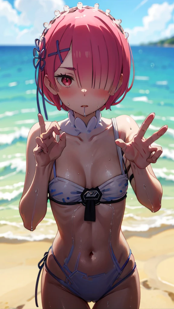 school swimwear、Acme Face、Random pose、short hair、Red Hair、、hair over one eye、、nsfw、Highest quality、1 girl、solo、Ocean、Sandy Beach、Sexy pose、Random pose、Blushing、Wet、Embarrassed、Strap slip:1.3)、Random Swimsuit