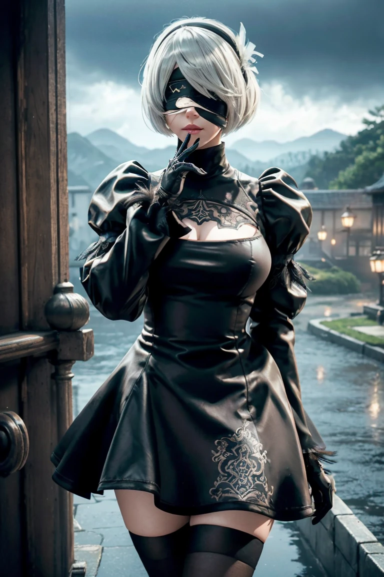 2B Nier Automata,Bobcut, Gray Hair,Long sleeve, Juliet Sleeve, White gloves, turtleneck, bangs, Feather ornament, Feather ornament sleeves, Blindfold, Black Goth Dress,Japanese Ultra HD,super high quality,masterpiece,Digital SLR,Photorealistic,Detailed details,Vivid details,Depicted in detail,A detailed face,Detailed details,Super Detail,Realistic skin texture,Anatomical basis,Perfect Anatomy,Anatomically correct hand,Anatomically correct fingers,Complex 3D rendering,Sexy pose,Rainy Sky,Beautiful scenery,Fantastic rainy sky,Fantasy worldview,Picturesque,Pink Lips,