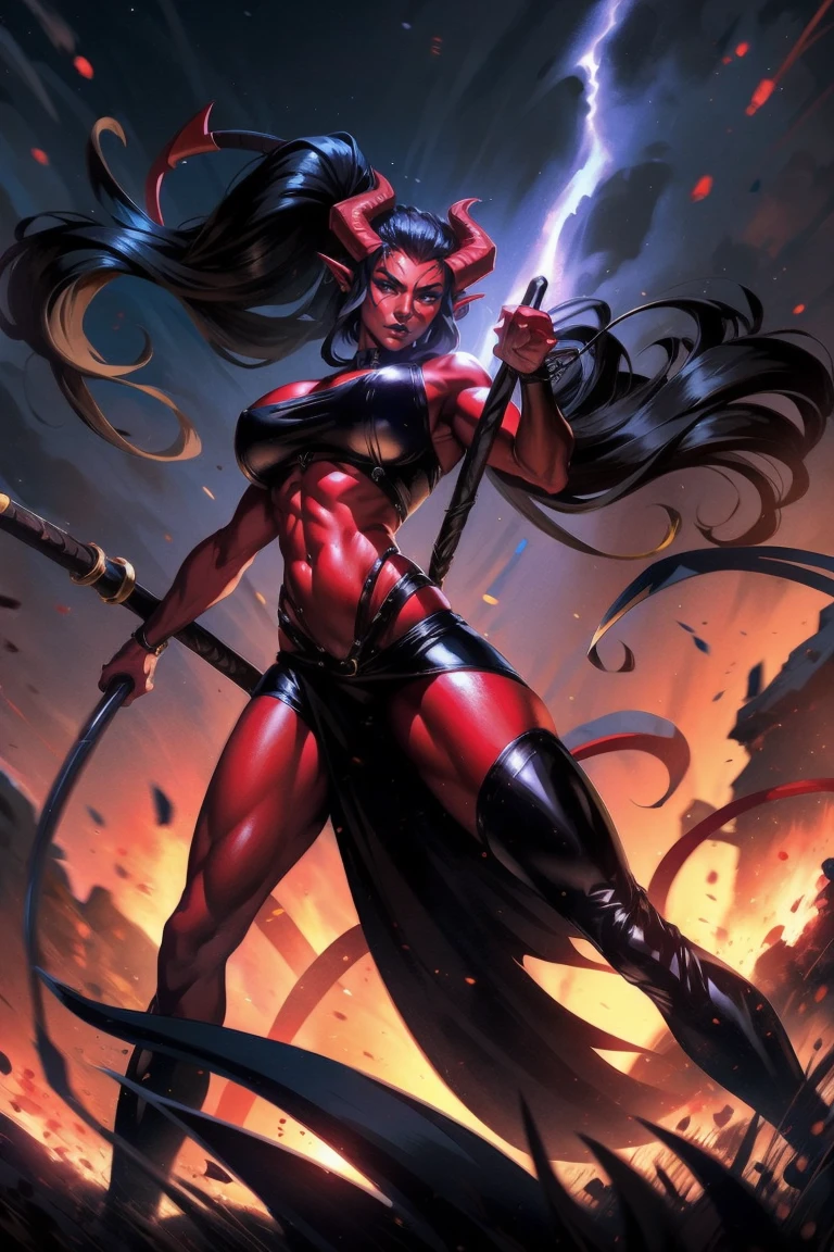 Red skin succubus tiefling, medium breasts, black horns, huge tail, black leather, crop top, long flowing pelvic curtain, tall, toned, graceful, thin, long black ponytail. Action scene, whip. Dark scene, explosions, night sky.