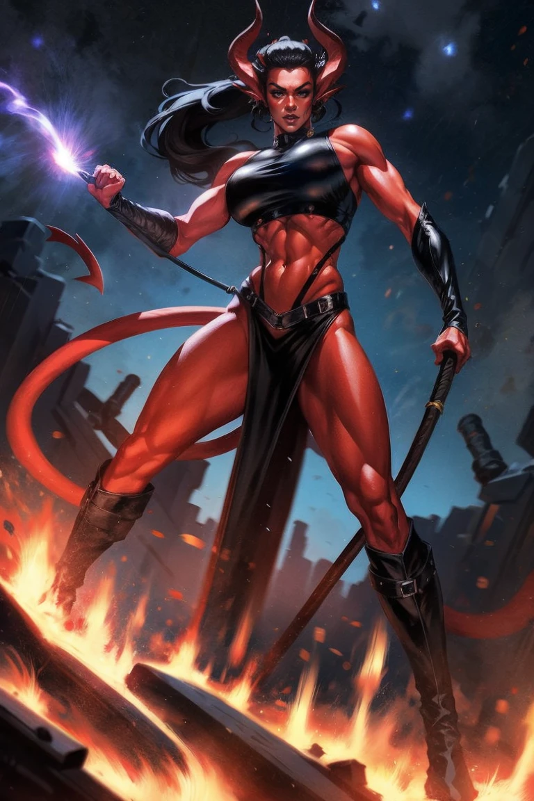 Red skin succubus tiefling, medium breasts, black horns, huge tail, black leather, crop top, long flowing pelvic curtain, tall, toned, graceful, thin, long black ponytail. Action scene, whip. Dark scene, explosions, night sky.