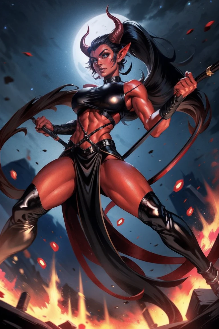 Red skin succubus tiefling, medium breasts, black horns, huge tail, black leather, crop top, long flowing pelvic curtain, tall, toned, graceful, thin, long black ponytail. Action scene, whip. Dark scene, explosions, night sky.
