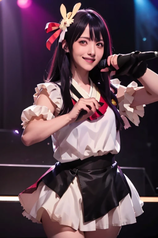 smile,(Highest quality)++,(masterpiece)++,(Super detailed)++,(High Resolution)++,(8K Portrait)++,Production art,hoshino ai, long hair, purple hair, streaked hair ,purple eyes, star-shaped pupils, hair ornament,(((Free pose、whole body)))、Idol Costumes、8K, Highest quality, High resolution, Realistic, Real person, A live stage attracting a large audience, One Girl, Young and cute Japanese idols, ((Cane)), big, Long and beautiful legs, ステージ上でsmileを浮かべながら、Mr.々Dancing vigorously in a pose, Holding a microphone, , Beautiful lighting