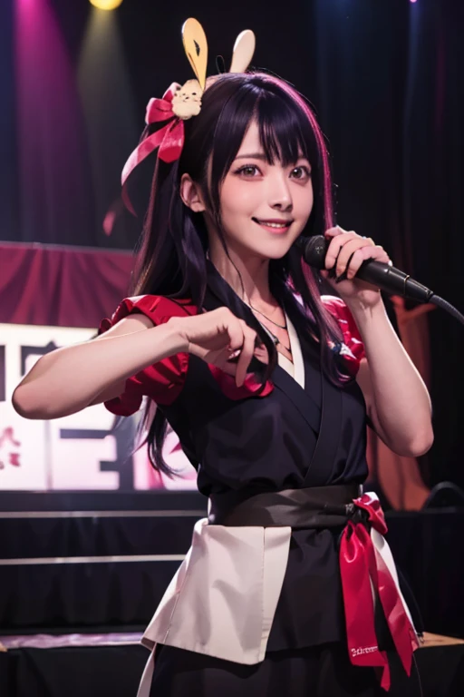 smile,(Highest quality)++,(masterpiece)++,(Super detailed)++,(High Resolution)++,(8K Portrait)++,Production art,hoshino ai, long hair, purple hair, streaked hair ,purple eyes, star-shaped pupils, hair ornament,(((Free pose、whole body)))、Idol Costumes、8K, Highest quality, High resolution, Realistic, Real person, A live stage attracting a large audience, One Girl, Young and cute Japanese idols, ((Cane)), big, Long and beautiful legs, ステージ上でsmileを浮かべながら、Mr.々Dancing vigorously in a pose, Holding a microphone, , Beautiful lighting