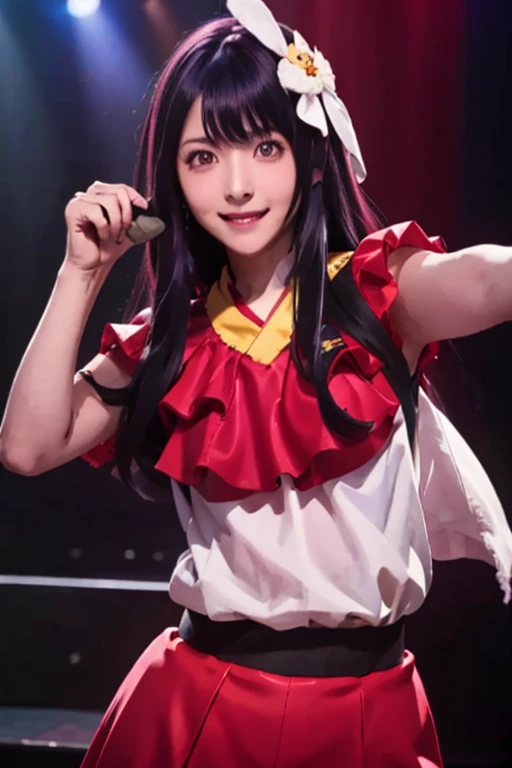 smile,(Highest quality)++,(masterpiece)++,(Super detailed)++,(High Resolution)++,(8K Portrait)++,Production art,hoshino ai, long hair, purple hair, streaked hair ,purple eyes, star-shaped pupils, hair ornament,(((Free pose、whole body)))、Idol Costumes、8K, Highest quality, High resolution, Realistic, Real person, A live stage attracting a large audience, One Girl, Young and cute Japanese idols, ((Cane)), big, Long and beautiful legs, ステージ上でsmileを浮かべながら、Mr.々Dancing vigorously in a pose, Holding a microphone, , Beautiful lighting