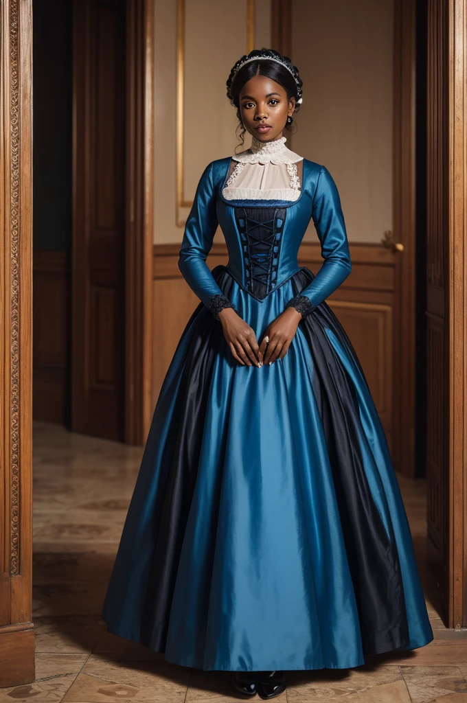Black woman wearing blue Regency dress