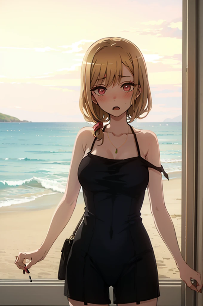 Random pose、school swimwear、Acme Face、Random pose、, Pale red eyes、Semi-long hair、Chestnut Hair、Sandy Beach、、、nsfw、Highest quality、1 girl、solo、Ocean、Sexy pose、Random pose、Blushing、Wet、Embarrassed、I can see half of my 、、One piece swimsuit、(Strap slip:1.3)、School Swimsuit