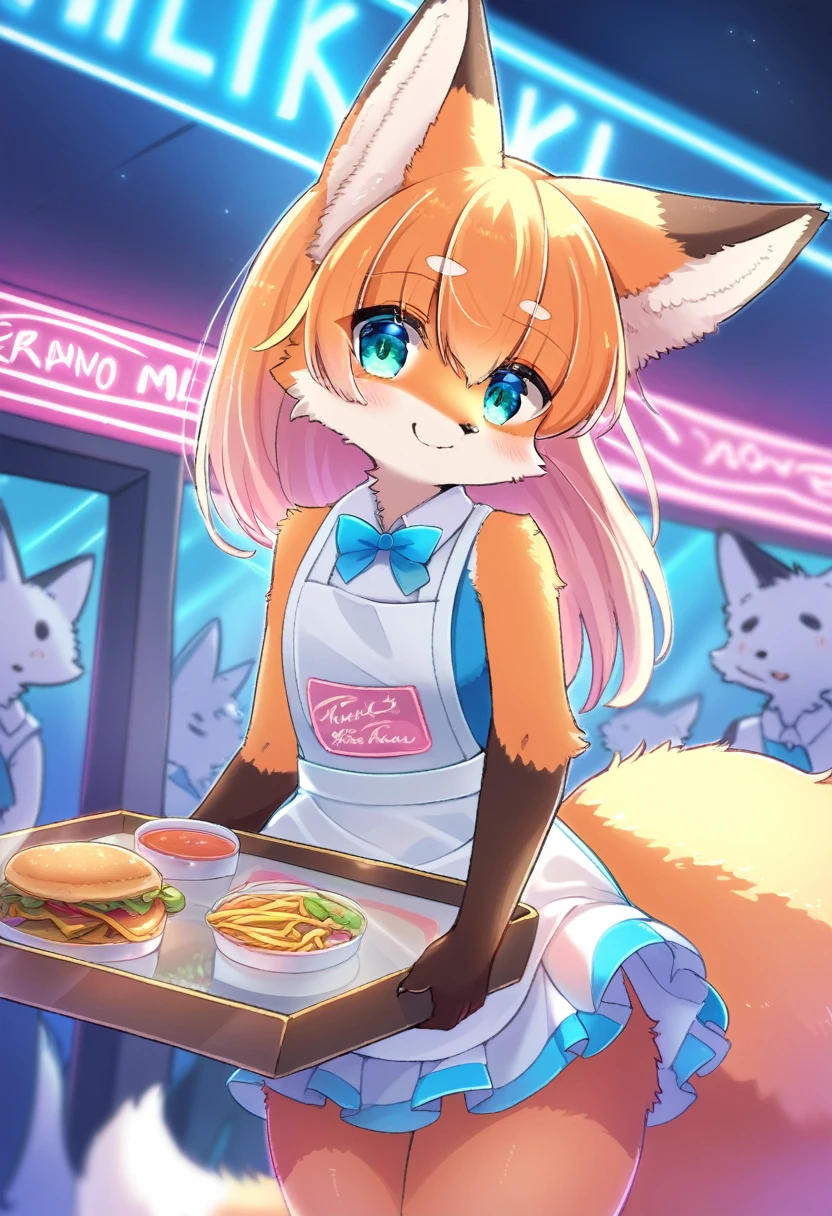 ((Masterpiece)), ((Best Quality)), (Very Detailed), ((Very Detailed)), 4K, (8K), very aesthetic, absurdres highres, 1girl, (anthropomorphic fox, furry, kemono:1.8), Virtual waitress, hologram waitress, cute uniform, pink ribbon, apron, fast food restaurant, futuristic design, neon lights, digital menu, smiling, taking order, holding tray, pink, blue, white, glass reflection, metal reflection, energetic, friendly
