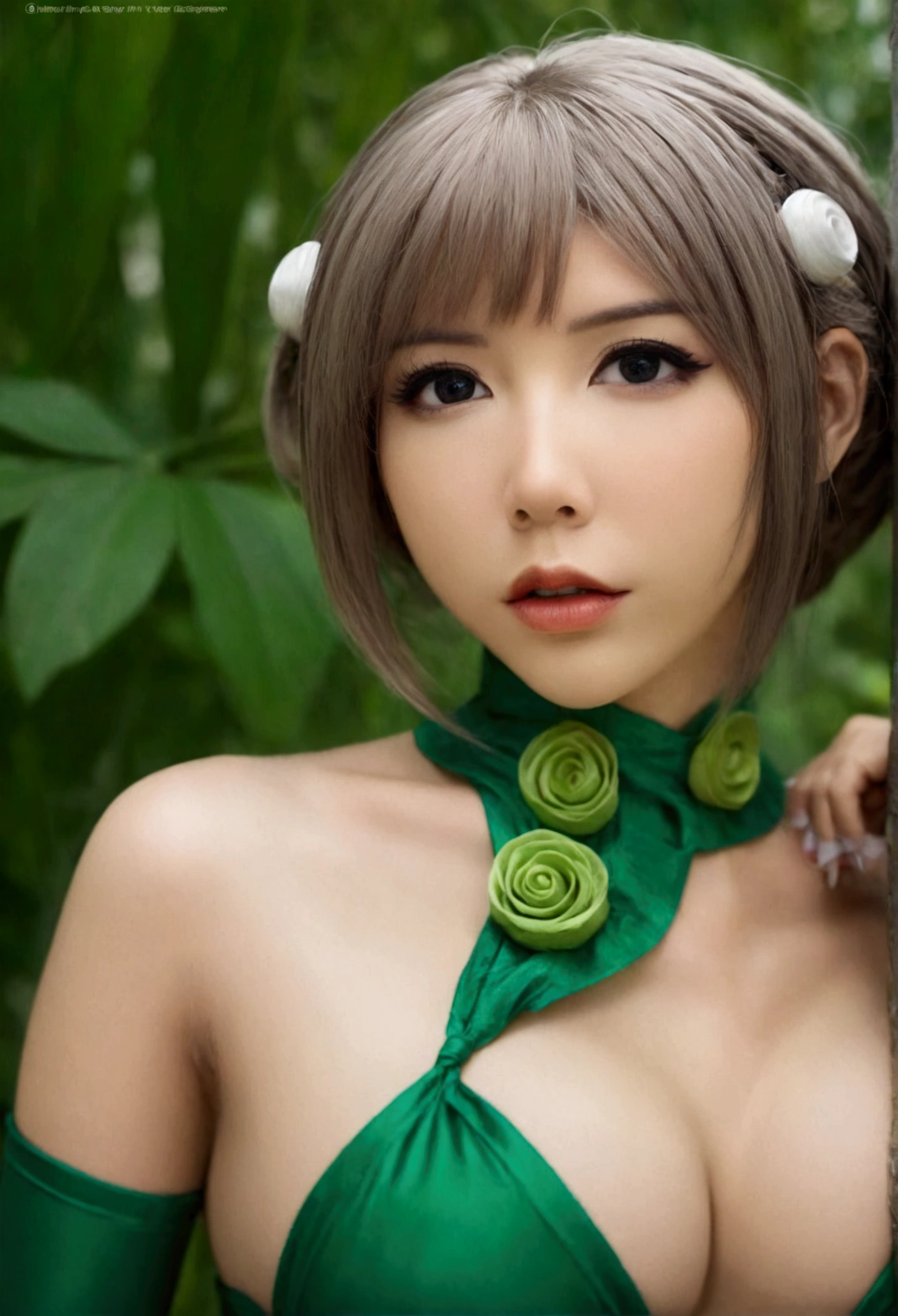 a cute woman in sexy cosplay as tatsumaki, low angle looking up, beautiful detailed eyes, beautiful detailed lips, extremely detailed face and features, long eyelashes, detailed intricate costume, dynamic pose, realistic lighting, highly detailed, 8k, photorealistic, professional quality, vibrant colors, dramatic lighting, cinematic composition