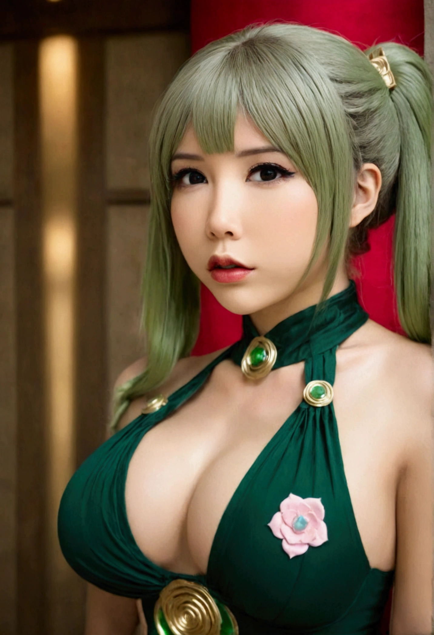 a cute woman in sexy cosplay as tatsumaki, low angle looking up, beautiful detailed eyes, beautiful detailed lips, extremely detailed face and features, long eyelashes, detailed intricate costume, dynamic pose, realistic lighting, highly detailed, 8k, photorealistic, professional quality, vibrant colors, dramatic lighting, cinematic composition