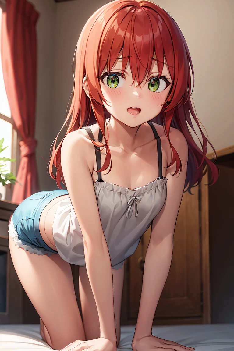 room, 1 Girl, Highest quality, Ultra-high resolution, Long Hair, Redhead, Green Eyes,Looking at the audience, Small , Shy face、Watery eye, Open your mouth、Cowboy Shot、camisole、hot pants、Western-style room,On all fours、Backwards、look back