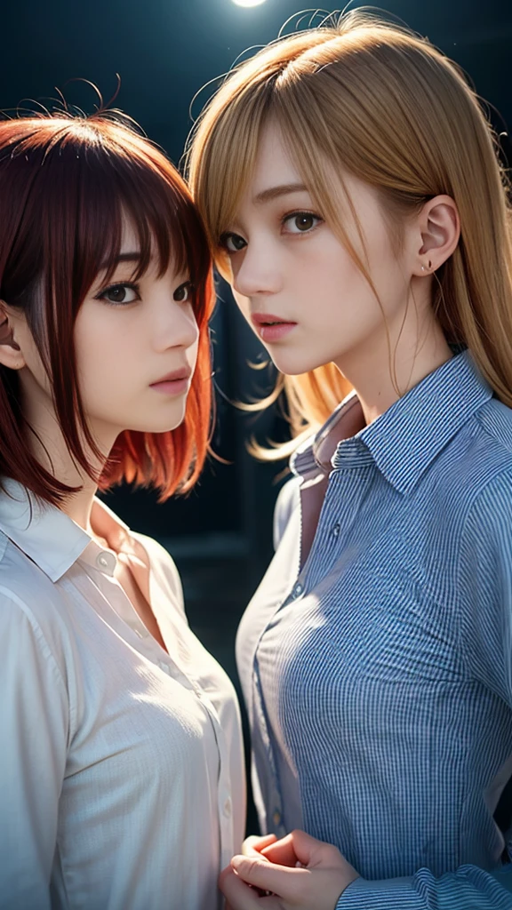 (Natural strawberry blonde and redhead girls with pretty faces), Cute pose, wearing a button shirt, body, skinny, Atmospheric, Dark atmosphere, Edge lighting, Sayaka Yamamoto, Saito Asuka, Mao Akiyama's facial features, 8K, Full body portrait, Elegant outfit, Natural light, Spooky greenhouse at night, Sharp focus, (Highly detailed eyes and face, Professional photography techniques), (Beautiful small face, beautiful girl, high , Idol Face, Baby Face:1.4)Happy, K UHD, Hmph, Beautiful and soft skin, Vibrant Skin, blush, (Chirarizum:1.3, Unbutton your shirt:1.2), (Captivating Beautiful Breasts), Cleavage, (Small beautiful butt), The optimal ratio is four fingers to one thumb, Perfect proportions, (Perfect Anatomy:1.3), (Highest quality, Masterpiece, Highest quality, Ultra high definition, Photorealism:1.4), ((beautiful girl二人がお互いに見つめ合ってFrench Kiss:1.2, Touching the chest:1.3))