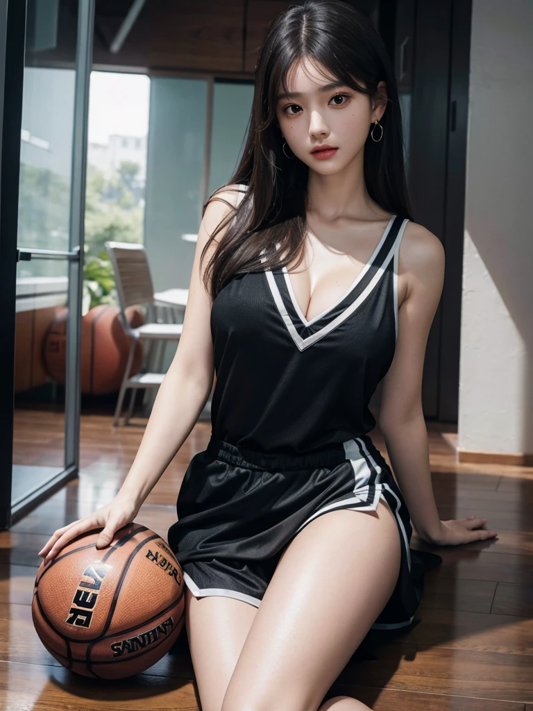 Gymnasium basketball player, Highest quality, shape, Very detailed, In detail, High resolution, 8k wallpaper, Perfect dynamic composition, Beautiful details,  Natural Lip, Basketball Uniform, Big Breasts,Cleavage，, She is smiling and making cute poses with random expressions ..., A masterpiece of the whole body, Angle from below