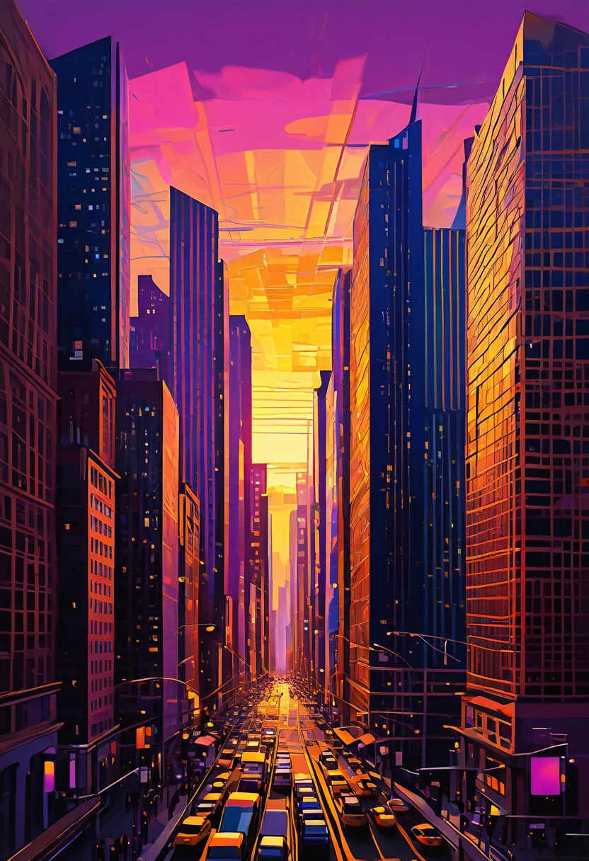 Vibrant cityscape in digital drawing mode, depicting a warm and serene sunset casting a golden glow on sleek skyscrapers and bustling streets, with bold lines and expressive brushstrokes evoking a sense of dynamic energy, set against a kaleidoscope of colors - burnt oranges, blushing pinks, and radiant yellows, with touches of deep blues and purples in the shadows, infused with a cinematic quality, as if the city is alive and pulsing with the rhythm of the fading light, mesmerizing and full of movement.
