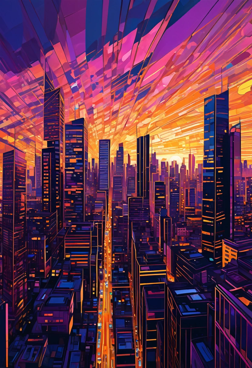 Vibrant cityscape in digital drawing mode, depicting a warm and serene sunset casting a golden glow on sleek skyscrapers and bustling streets, with bold lines and expressive brushstrokes evoking a sense of dynamic energy, set against a kaleidoscope of colors - burnt oranges, blushing pinks, and radiant yellows, with touches of deep blues and purples in the shadows, infused with a cinematic quality, as if the city is alive and pulsing with the rhythm of the fading light, mesmerizing and full of movement.