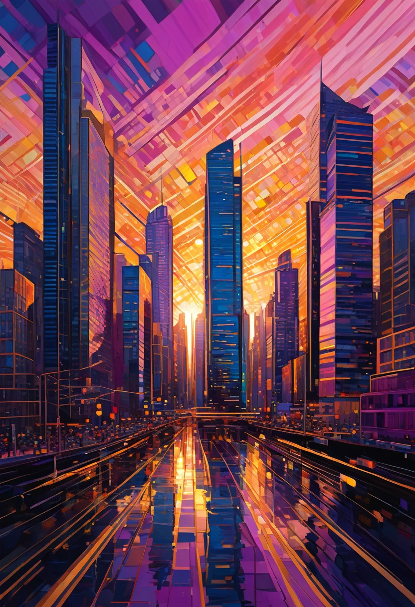 Vibrant cityscape in digital drawing mode, depicting a warm and serene sunset casting a golden glow on sleek skyscrapers and bustling streets, with bold lines and expressive brushstrokes evoking a sense of dynamic energy, set against a kaleidoscope of colors - burnt oranges, blushing pinks, and radiant yellows, with touches of deep blues and purples in the shadows, infused with a cinematic quality, as if the city is alive and pulsing with the rhythm of the fading light, mesmerizing and full of movement.