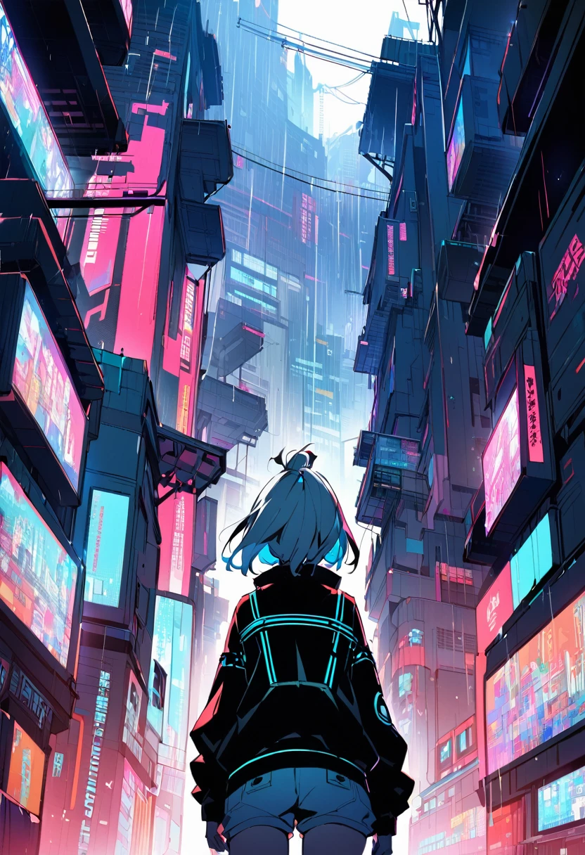 it's cyberpunk world in the near future.
the places like Kowloon Walled City.
a giri looking up it.
I'm looking the girl back view.
It's rain and thunders.
temperature is low.
hair style is short.
it color is dark white.
overall add shading.
more colorful.
